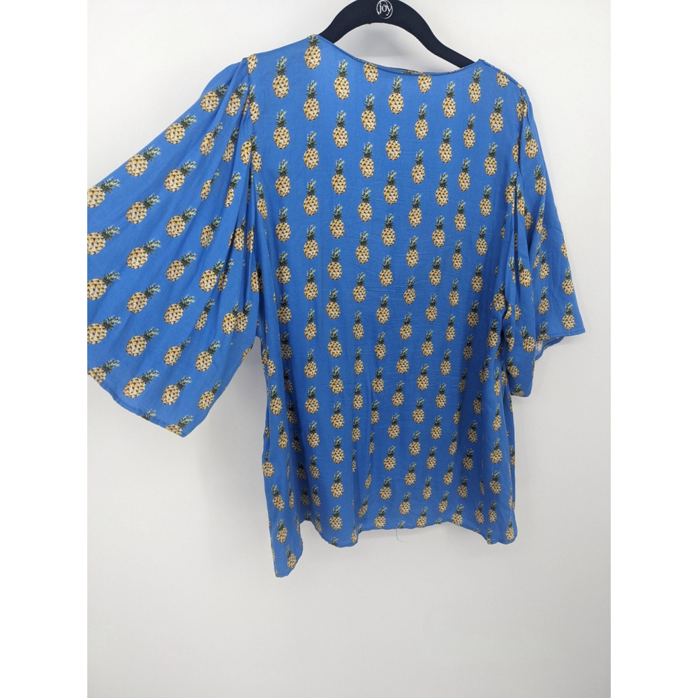 Zara Shirt Womens Large Blue‎ Pineapple Print Smocked Boho Flowy V Neck Top - Picture 4 of 9